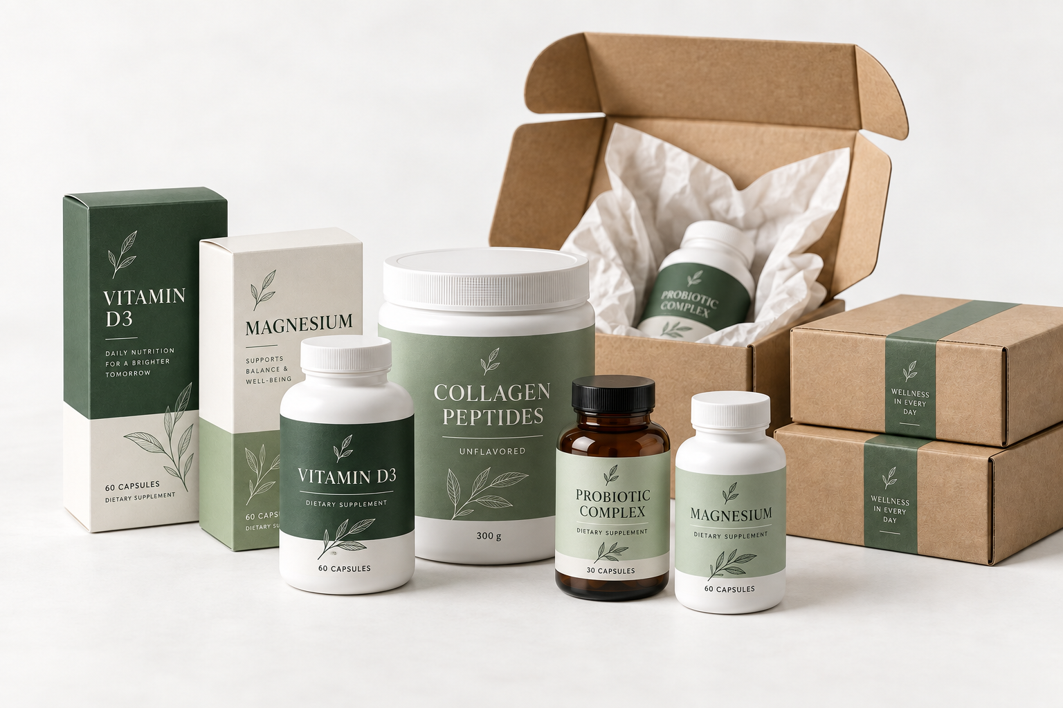 Supplement bottles, branded packaging and shipping boxes